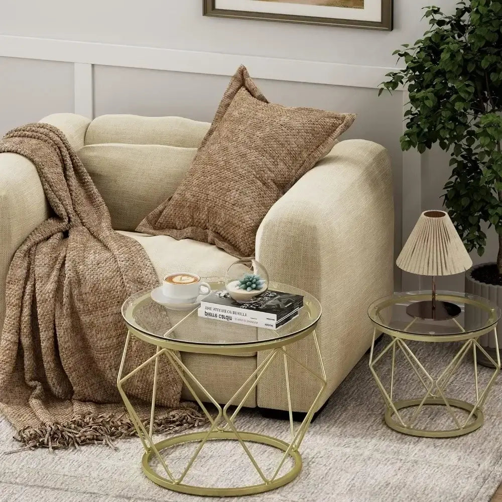 Gold Coffee Table, Round End Table Set of 2