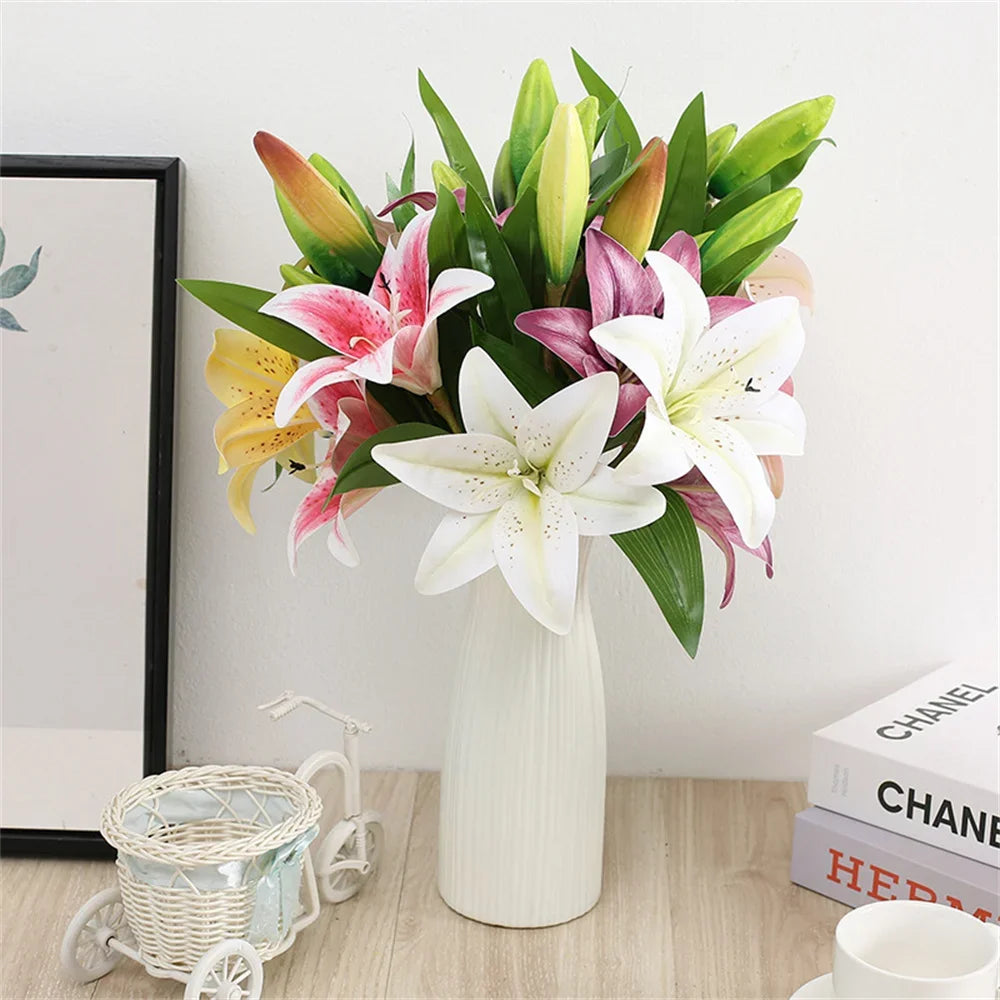 Artificial Lily Flowers - Two Flowers One Bud Branch