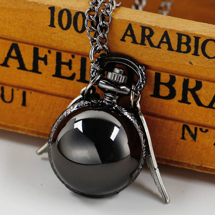 Black Quartz Pocket Watch - Smooth Pendant Chain Clock