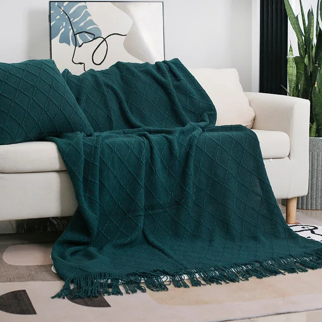 Nordic Knitted Shawl with Tassels - Sofa Throw Blanket