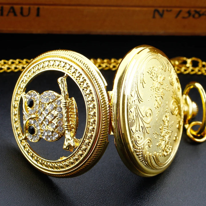 Luxury Gold Vintage Owl Quartz Pocket Watch with White Dial