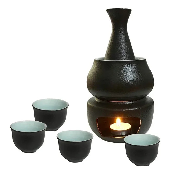 Sake Set with Warmer: 1 Sake Bottle, 4 Cups, Heating Stove