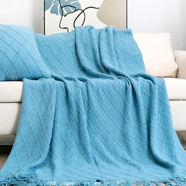 Nordic Knitted Shawl with Tassels - Sofa Throw Blanket