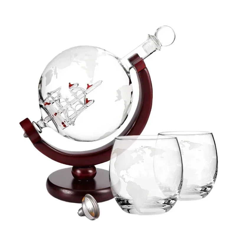 Globe Decanter Set: Lead-free Carafe with 2 Whiskey Glasses