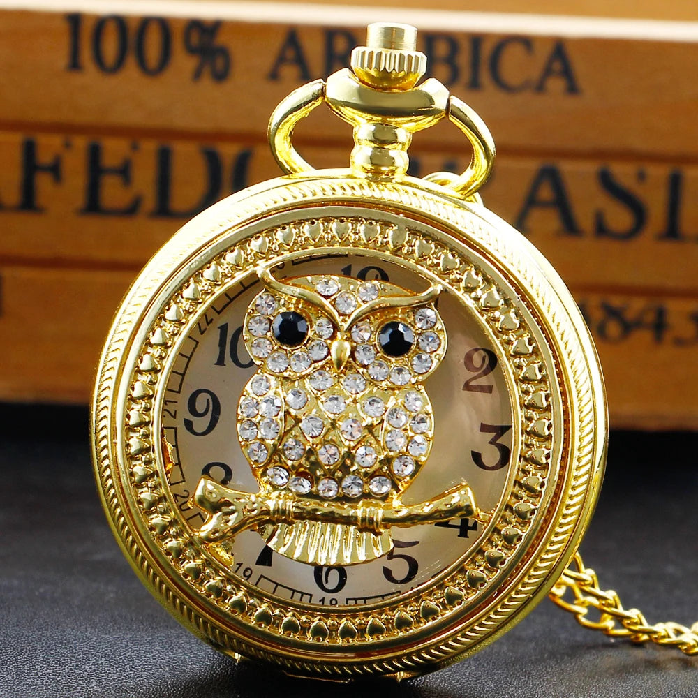 Luxury Gold Vintage Owl Quartz Pocket Watch with White Dial