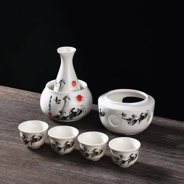 Sake Set with Warmer: 1 Sake Bottle, 4 Cups, Heating Stove