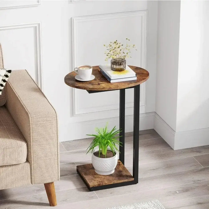 Small End Table - C-Shaped Wood Sofa Table with Metal Frame