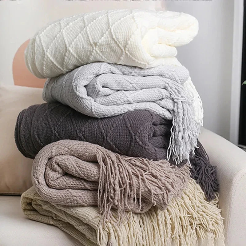 Nordic Knitted Shawl with Tassels - Sofa Throw Blanket