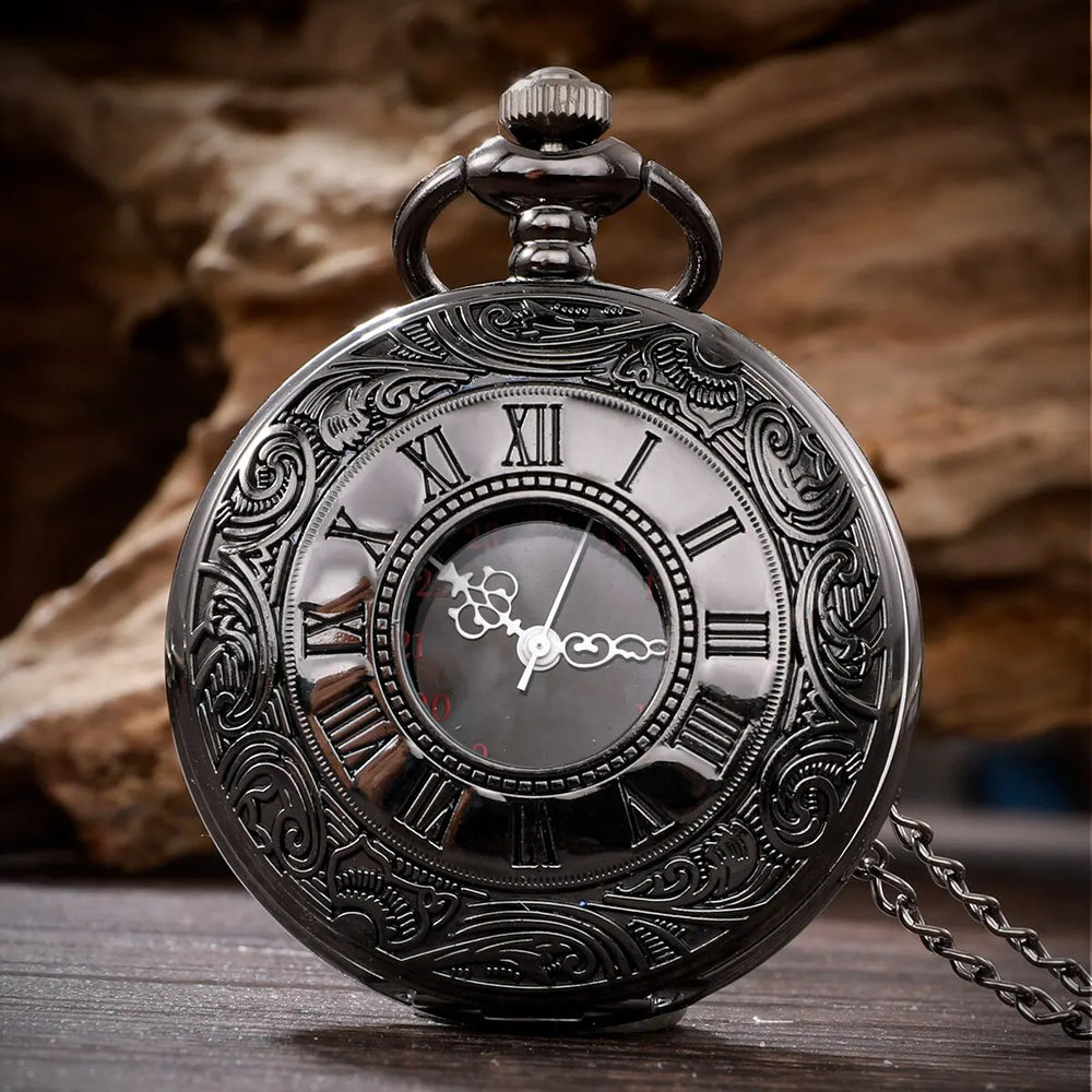 Vintage Black Roman Numeral Quartz Pocket Watch