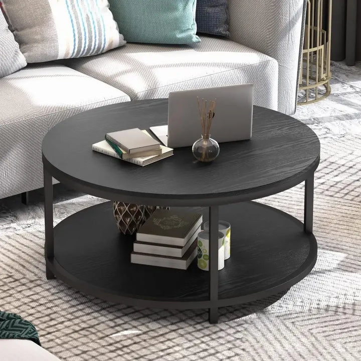 Round Coffee Table with Storage Shelf and Sturdy Metal Legs