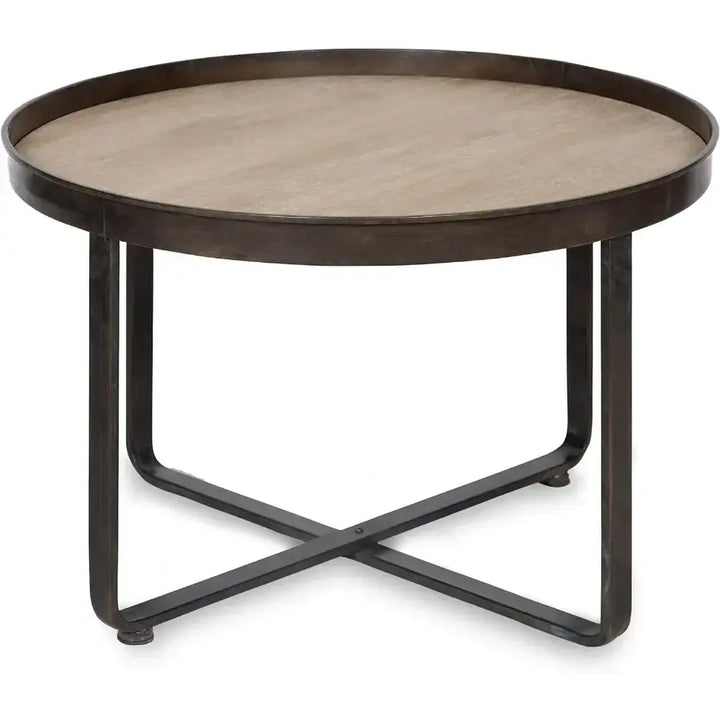 Modern Farmhouse Round Coffee Table with Black Wrought-Iron Criss Cross Base