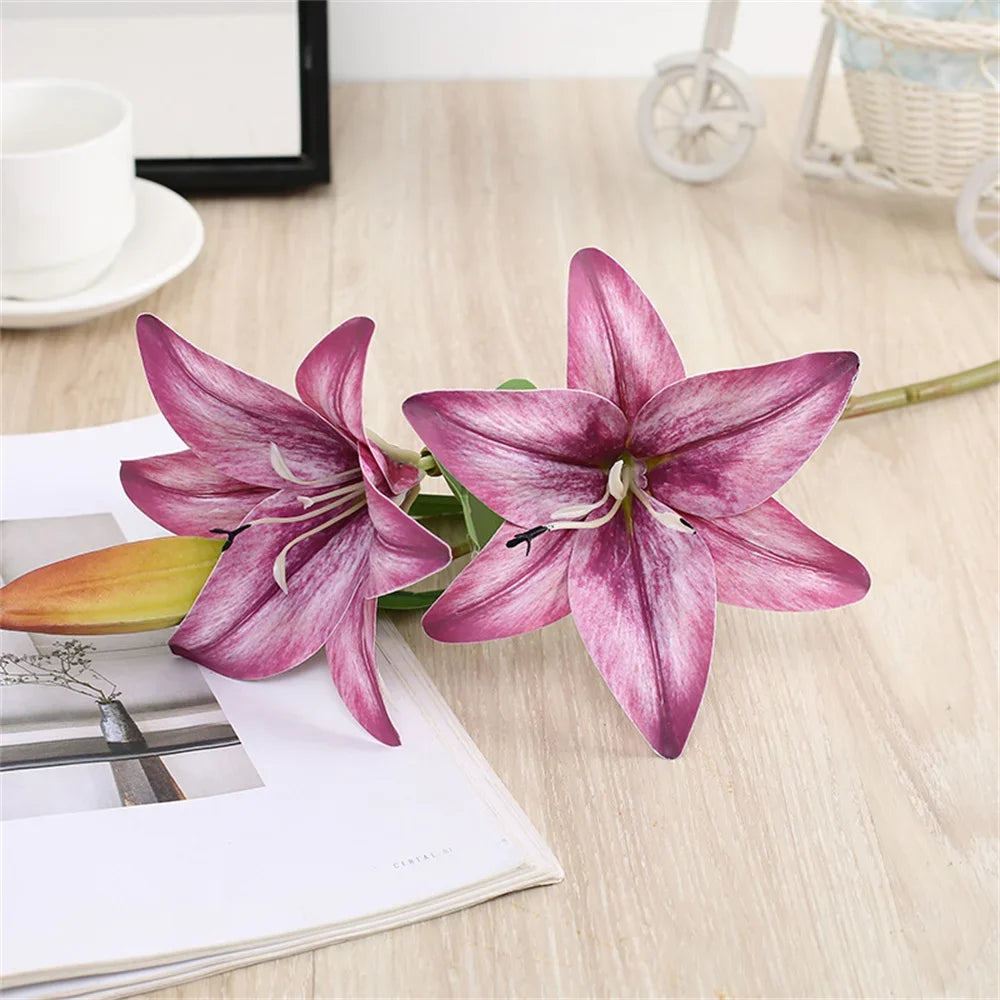 Artificial Lily Flowers - Two Flowers One Bud Branch