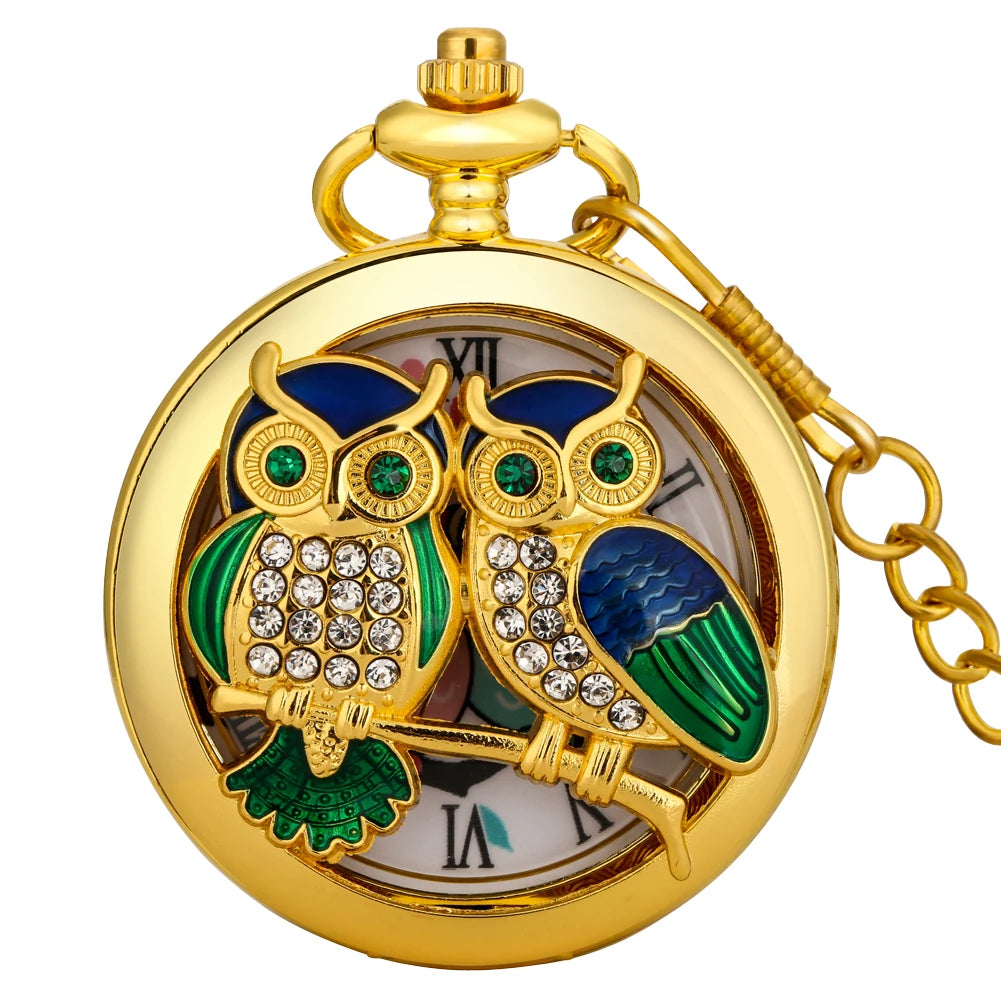 Luxury Diamond-Encrusted Owl Quartz Pocket Watch Necklace