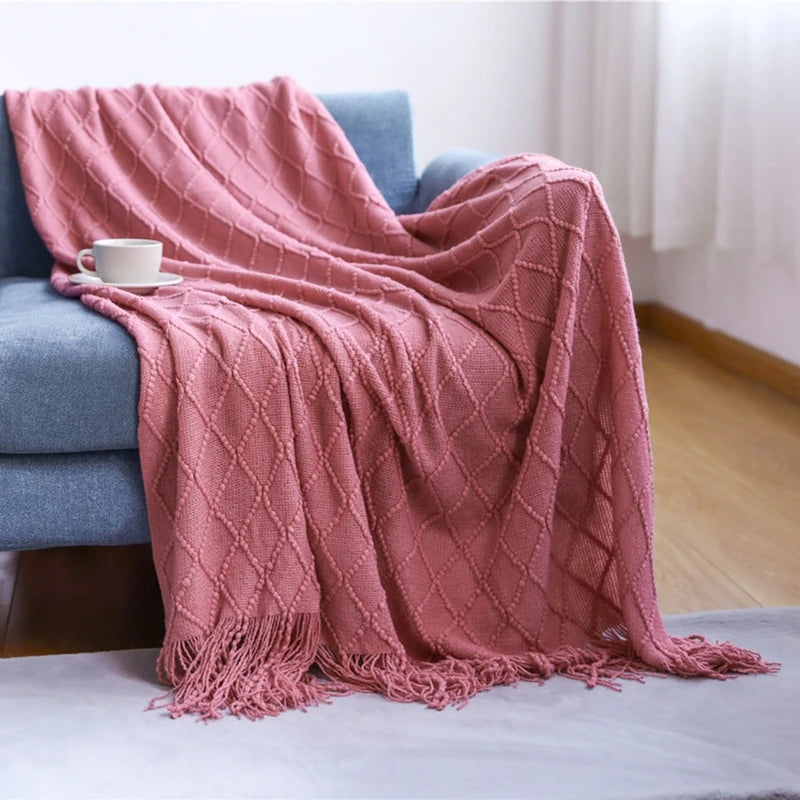 Nordic Knitted Waffle Blanket - Solid Color Sofa Bed Throw