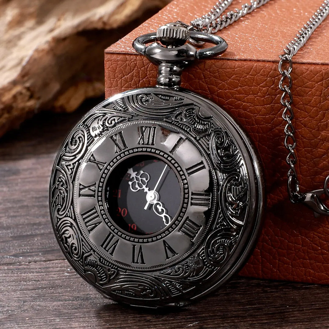 Vintage Black Roman Numeral Quartz Pocket Watch