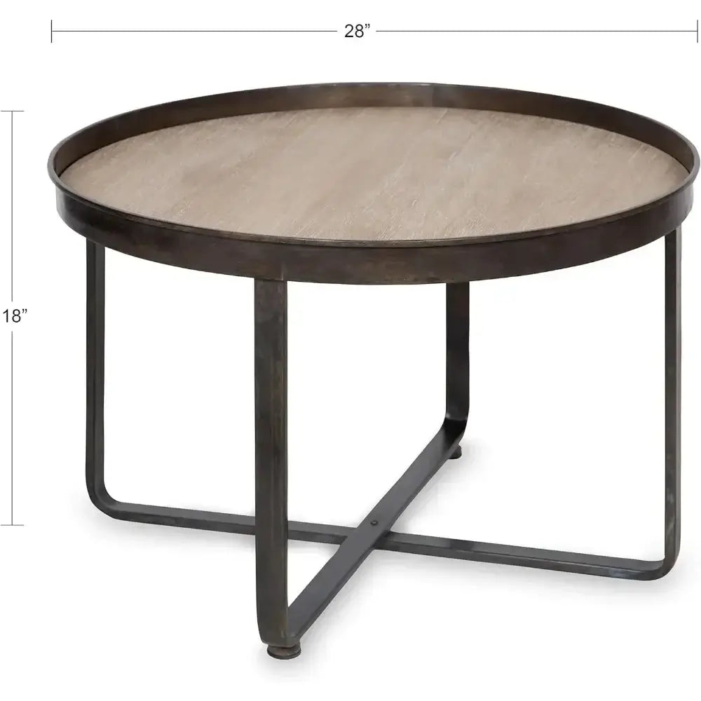 Modern Farmhouse Round Coffee Table with Black Wrought-Iron Criss Cross Base