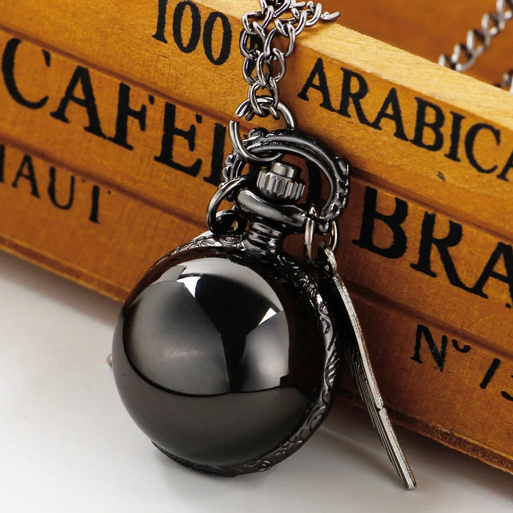 Black Quartz Pocket Watch - Smooth Pendant Chain Clock