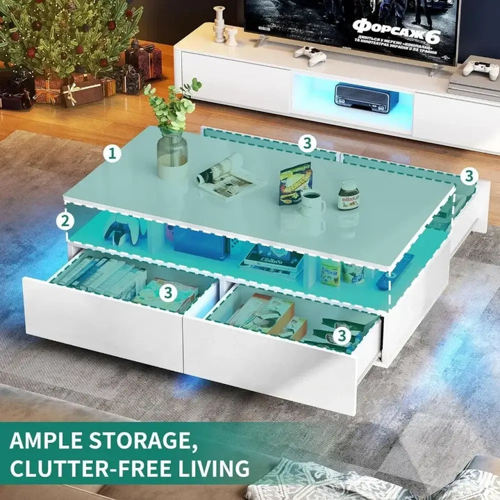 High Gloss LED Coffee Table with Storage for Living Room