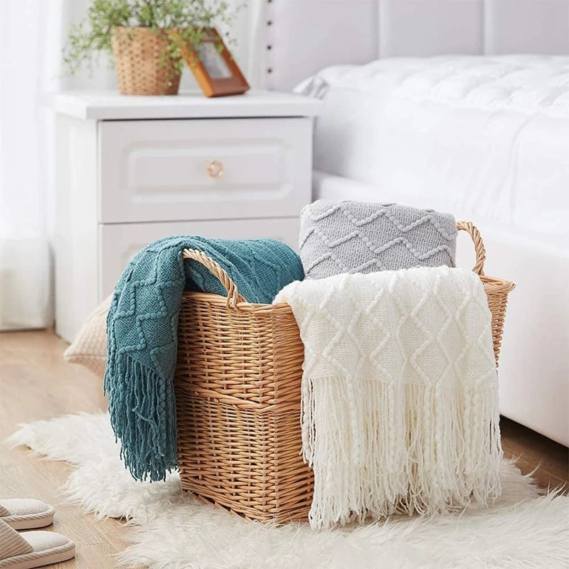 Nordic Knitted Waffle Blanket - Solid Color Sofa Bed Throw