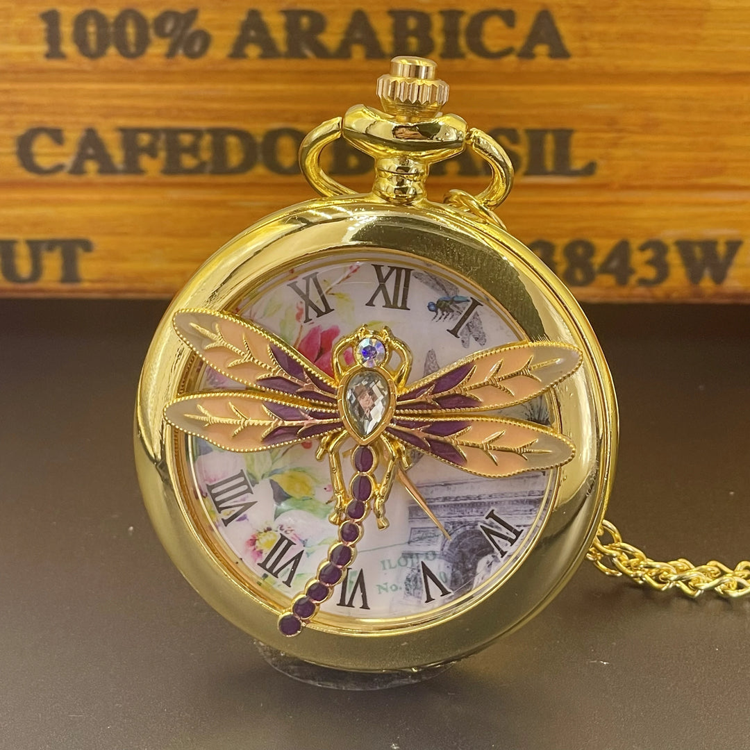 Elegant 3D Dragonfly Quartz Pocket Watch