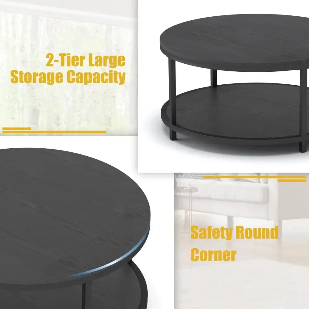 Round Coffee Table with Storage Shelf and Sturdy Metal Legs