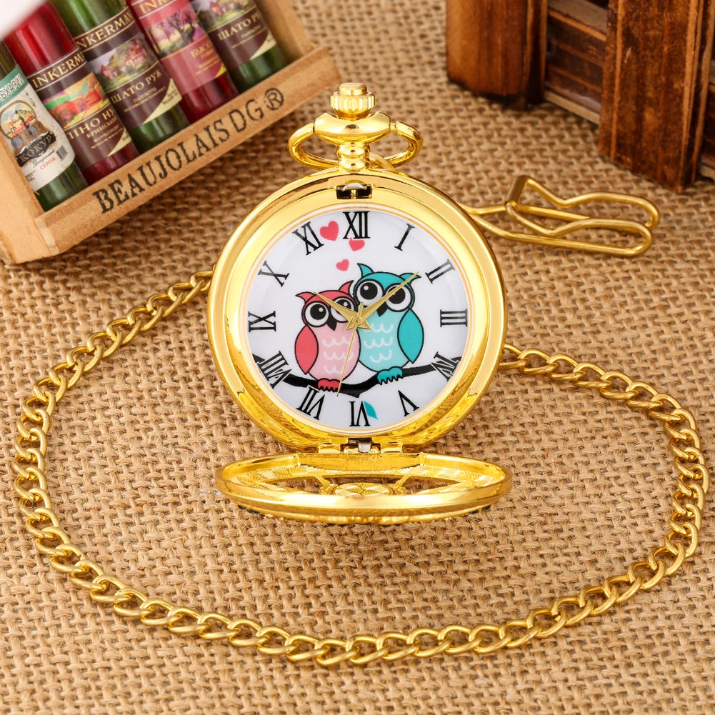 Luxury Diamond-Encrusted Owl Quartz Pocket Watch Necklace