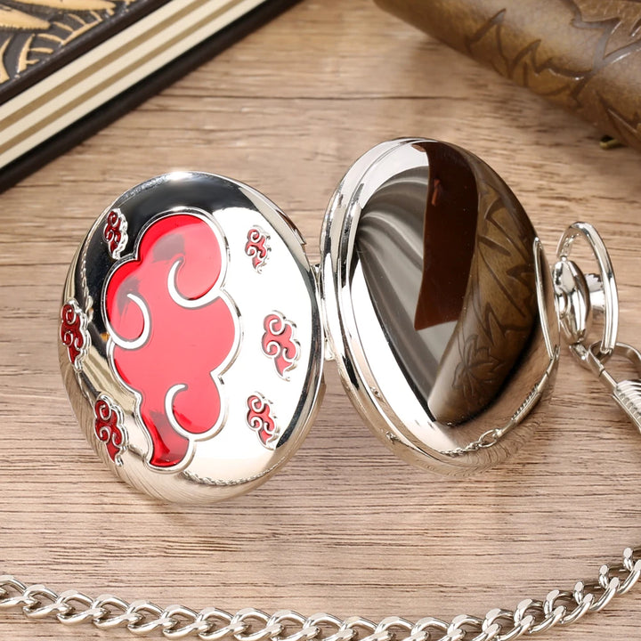 Silver Red Lucky Cloud Quartz Pocket Watch for Men