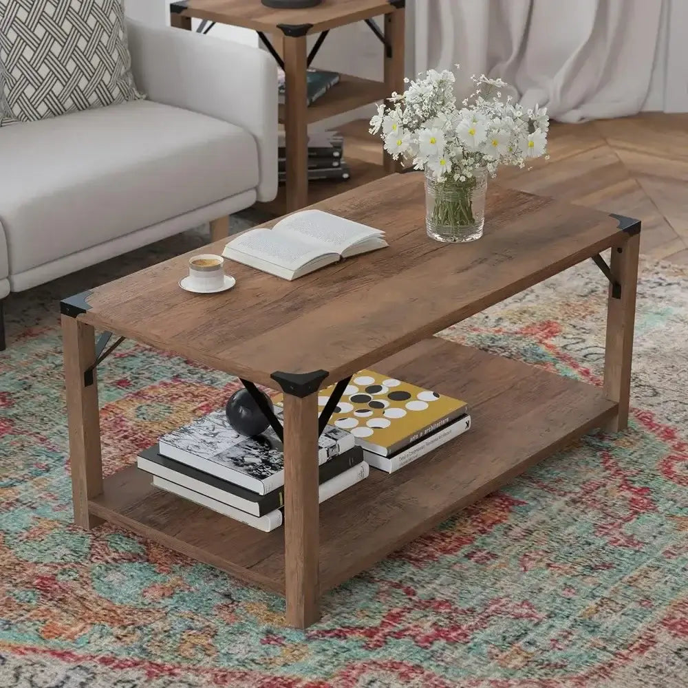 2-Tier Coffee Table with Rustic Oak Engineered Wood Frame