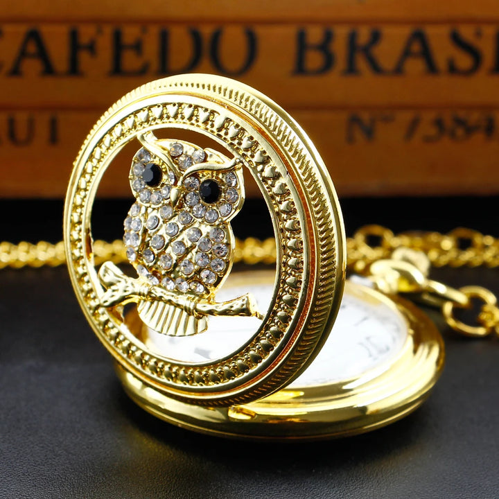 Luxury Gold Vintage Owl Quartz Pocket Watch with White Dial