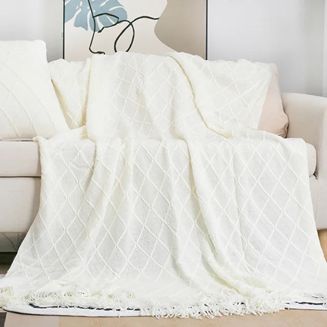 Nordic Knitted Shawl with Tassels - Sofa Throw Blanket