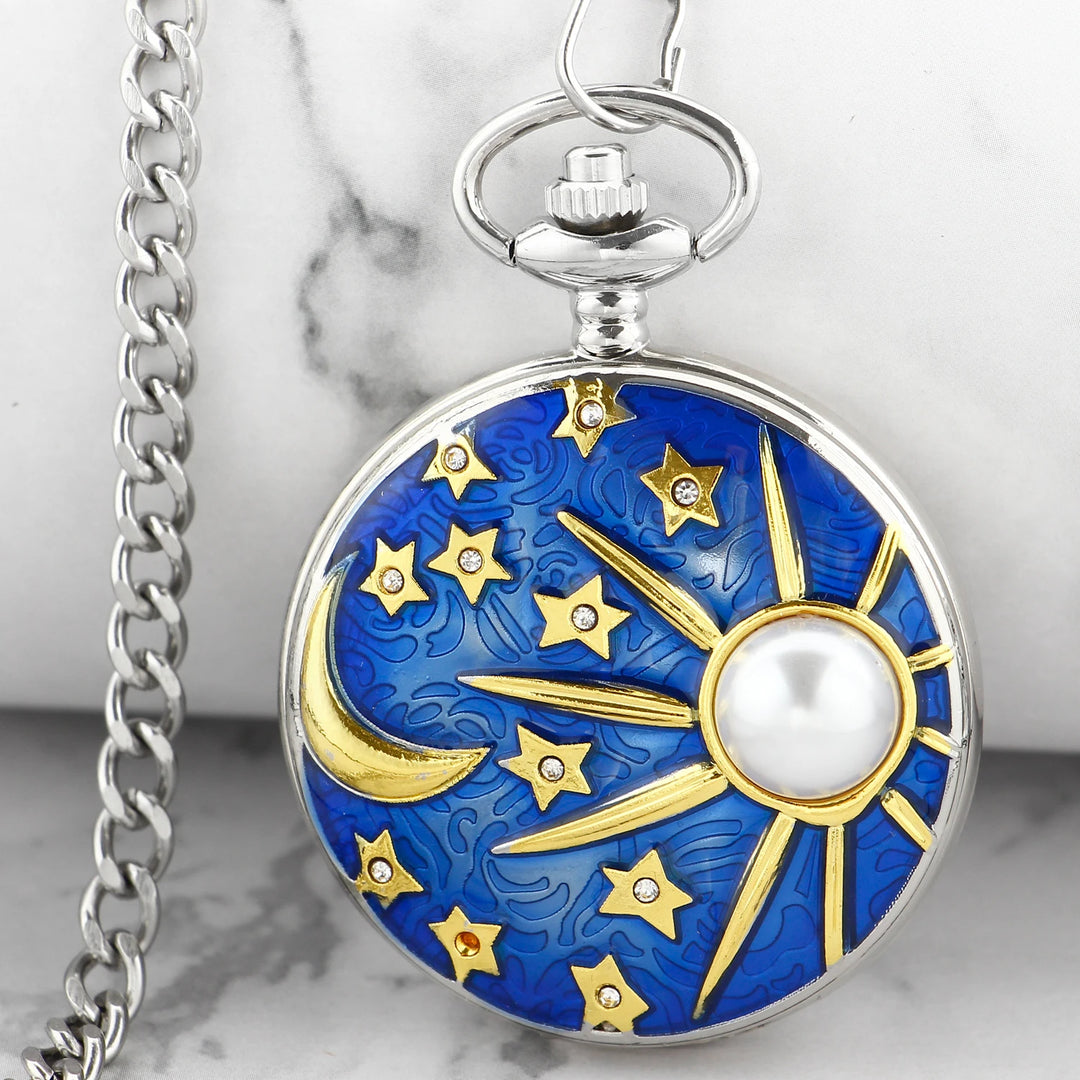 Blue Starry Sky Quartz Pocket Watch - Silver Moon and Sun