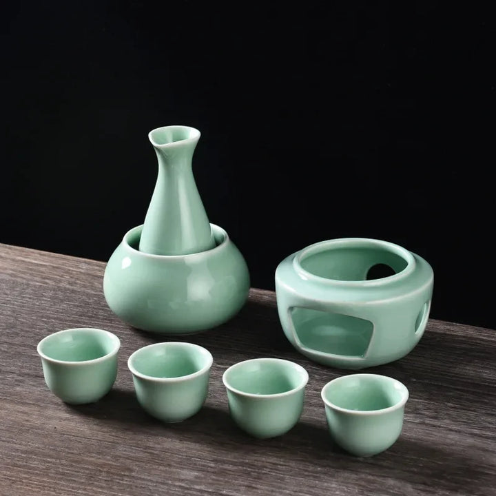 Sake Set with Warmer: 1 Sake Bottle, 4 Cups, Heating Stove