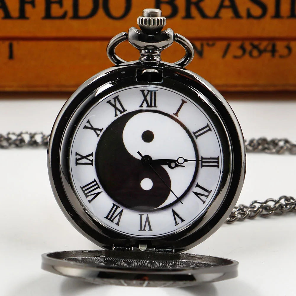 Yin Yang Black Pocket Watch - Unisex Pendant Necklace Gift