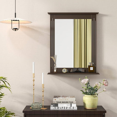 27-in x 22.5-in Bathroom Wall Mirror with Shelf in Dark Brown Wood Finish