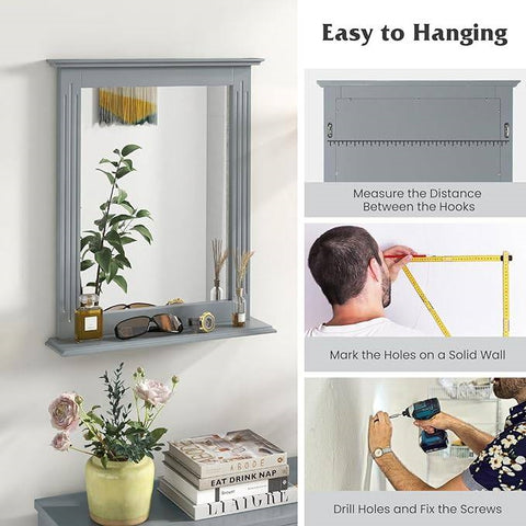 27-in x 22.5-in Bathroom Wall Mirror with Shelf in Gray Wood Finish