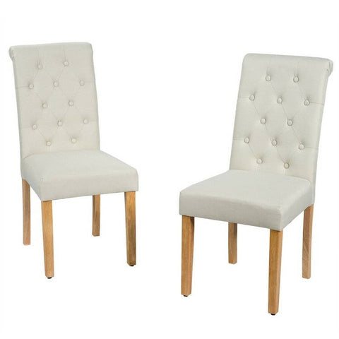 Set of 2 Beige Linen Button Tufted Dining Chair w/ Wood Legs