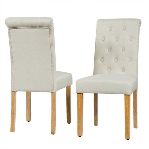 Set of 2 Beige Linen Button Tufted Dining Chair w/ Wood Legs