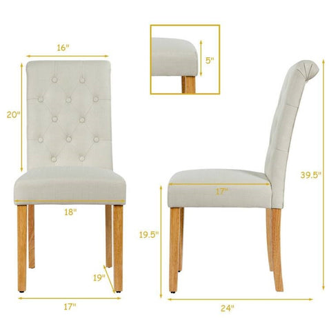 Set of 2 Beige Linen Button Tufted Dining Chair w/ Wood Legs