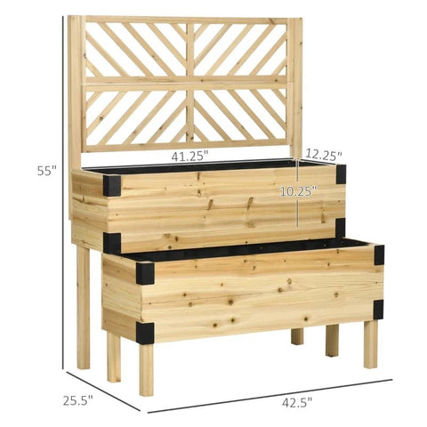 2 Tier Self Draining Natural Wood Raised Garden Bed Planter Box with Trellis