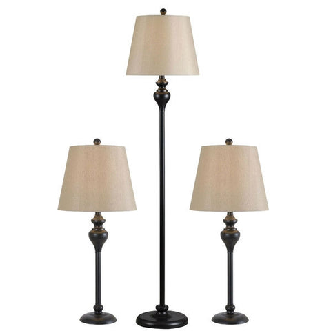 3-Piece Floor Lamp and Table Desk Lamp Set in Black with Light Gold Drum Shades