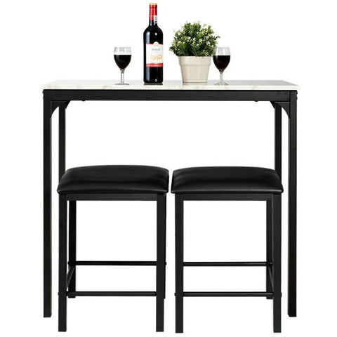 Modern 3-Piece Dining Set White Faux Marble Table-Top and 2 Black Chairs Stools