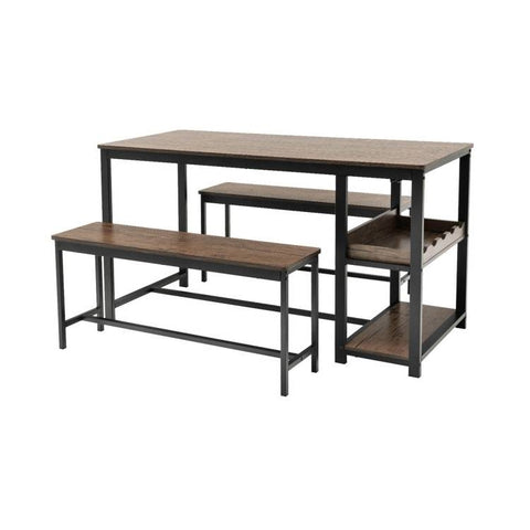 Modern Industrial 3-Piece Metal Wood Dining Set with 2 Benches and Wine Rack