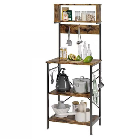 Industrial Modern Kitchen Metal Wood Shelf Bakers Rack Microwave Stand