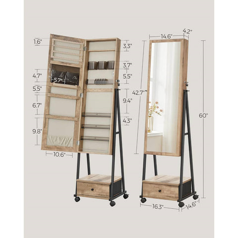 Industrial Modern Metal Wood Jewelry Armoire Cabinet Organizer Mirror on Wheels