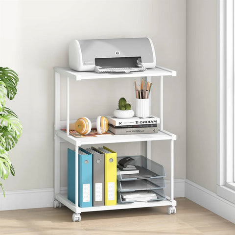 Modern White Metal 3-Shelf Printer Stand Mobile Desk Organizer Cart on Wheels