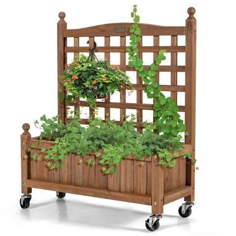 Solid Fir Wood Outdoor Raised Garden Bed Planter Box Cart on Wheels with Trellis