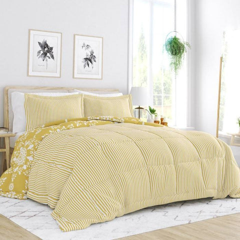 Twin Size 2 Piece Yellow Reversible Daisy Medallion Striped Comforter Set