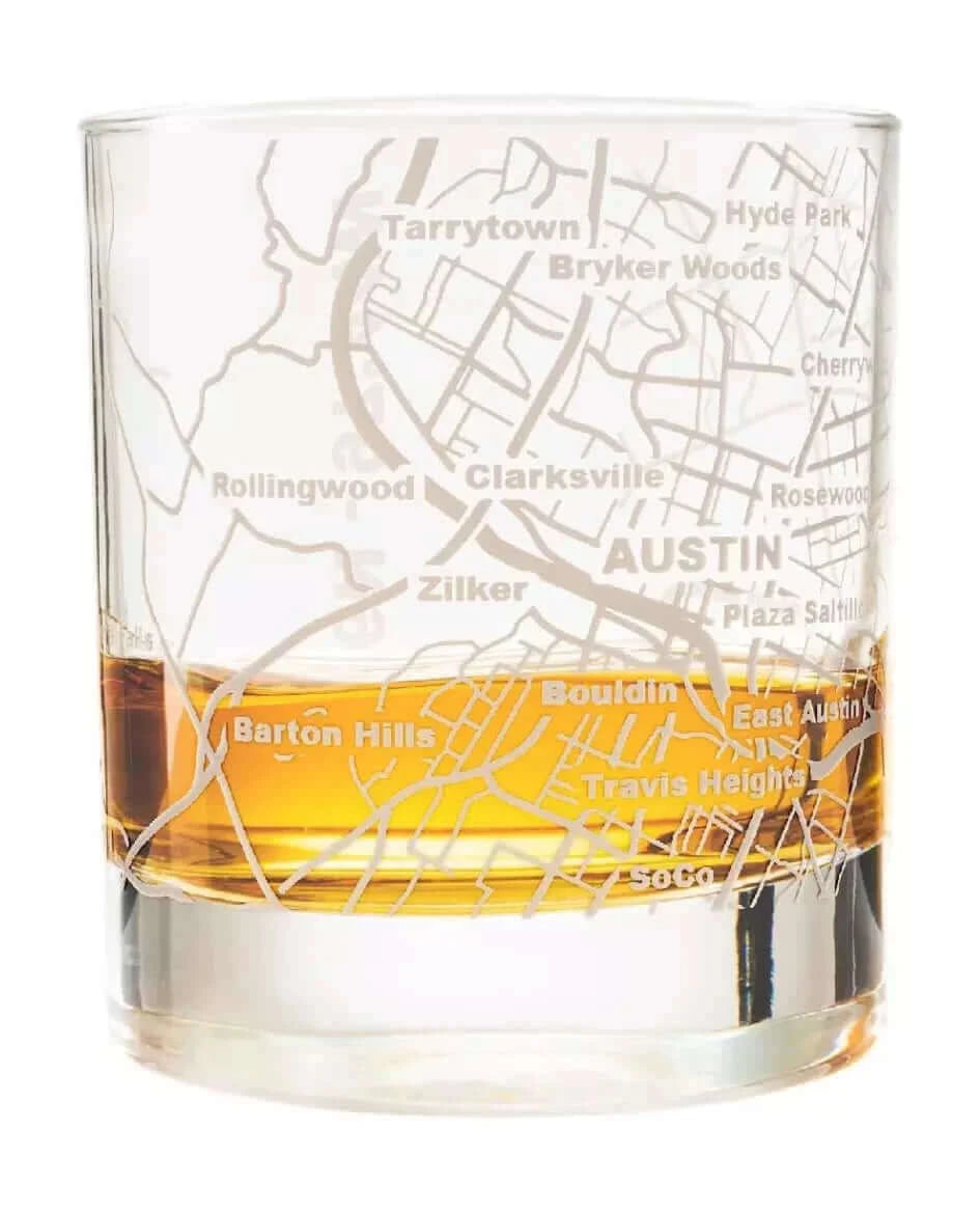 Whiskey Glass - 10 Oz Tumbler for Austin Lovers Etched with Austin Map