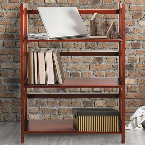 3-Shelf Folding Storage Shelves Bookcase in Walnut Wood Finish