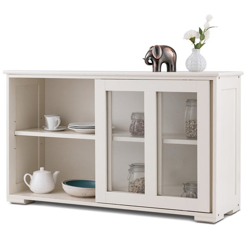 Modern White Wood Buffet Sideboard Cabinet with Glass Sliding Door